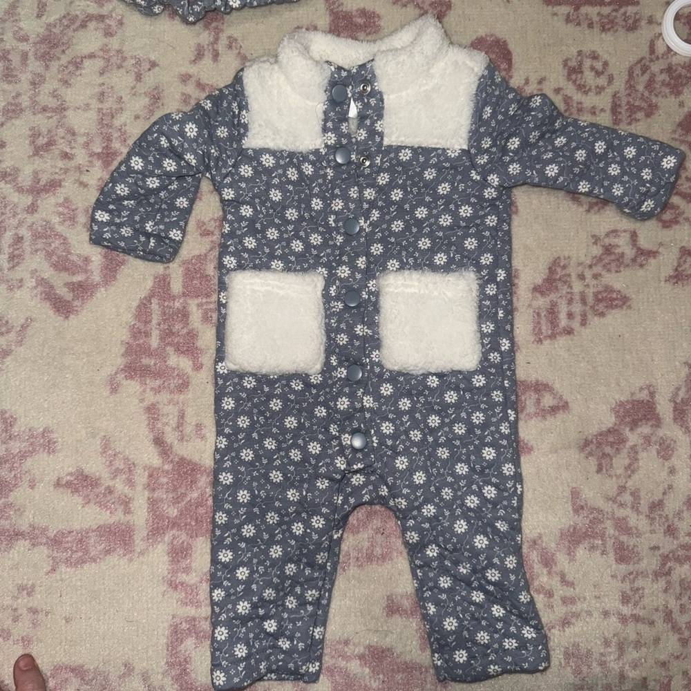 Cozy Blue Floral Baby Girl One Piece Warm Suit Size 3-6 Months with Headband
